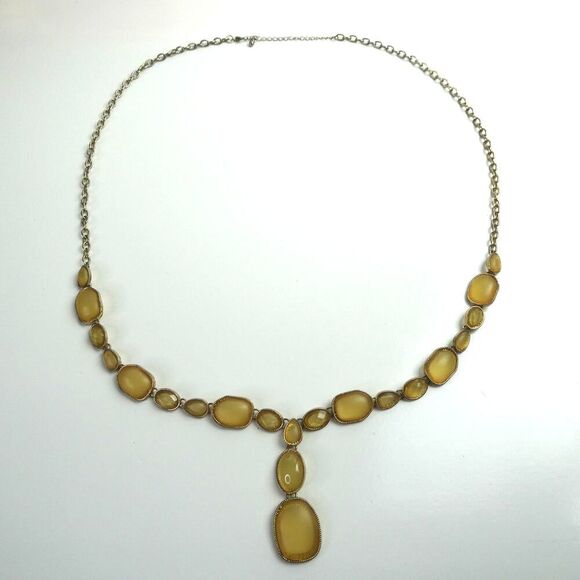 Light Amber & Gold Tone Y T Drop Regency Bridgerton Statement Necklace Cabochons - Picture 2 of 11